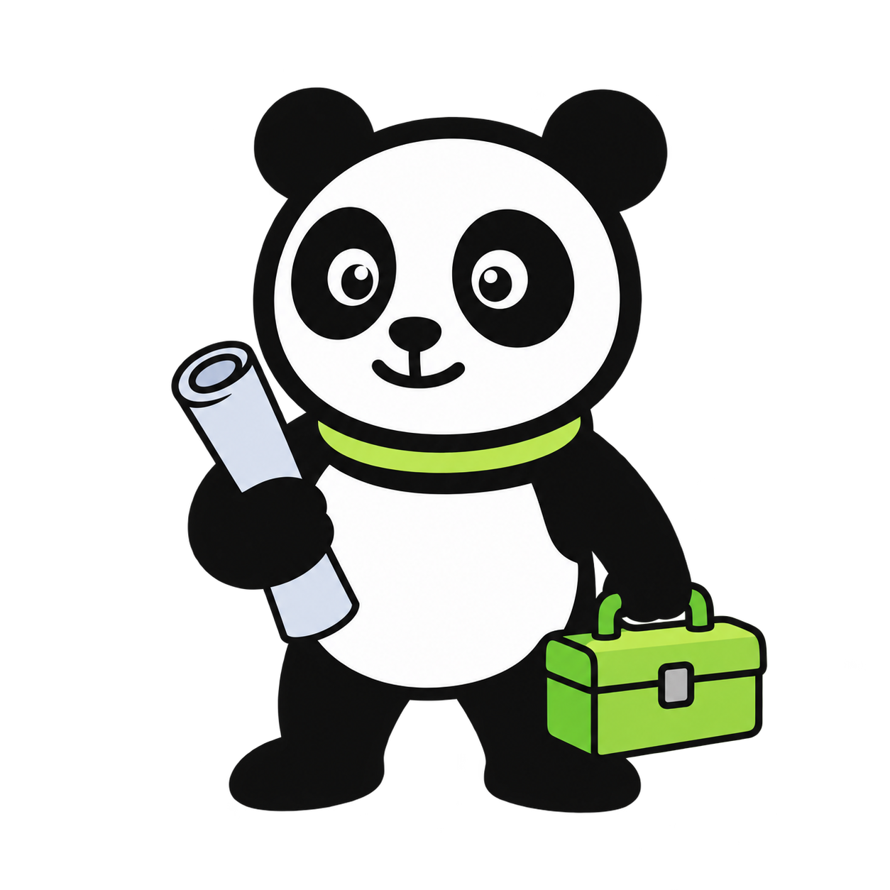 Locus’s panda holding a blueprint and green toolbox, ready for the next idea